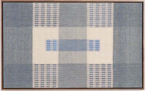 Rachel DuVall Dark Indigo Twill On Blues, 2023 handwoven linen, natural dyes, acrylic on canvas, walnut frame 22.5 x 36.5 in