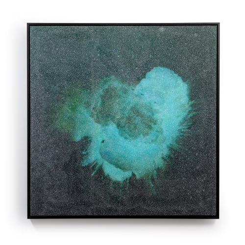 Christian Furr How My Heart Sings – Glissando Full I, Jouissance Green Blue, 2023 Hand-finished monoprint from the Jouissance series Acrylic and diamond durst with archival pigment print on canvas Signed verso Unique, from a series of 7 + 5 artist proofs Dated 10.1.23 45.75 x 45.75 inches 116.6cm x 120.65cm Framed From a hand finished series of 7 – all vary and are unique 5 Artists Proofs
