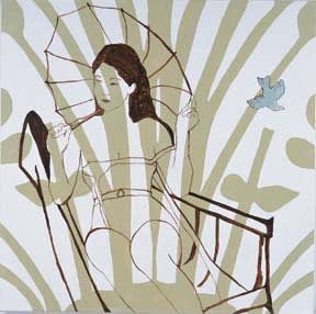 Carolyn Carr, The Sunday Salon, 2002, Milk-paint, acrylic, charcoal, enamel on canvas, 36 x 36 inches