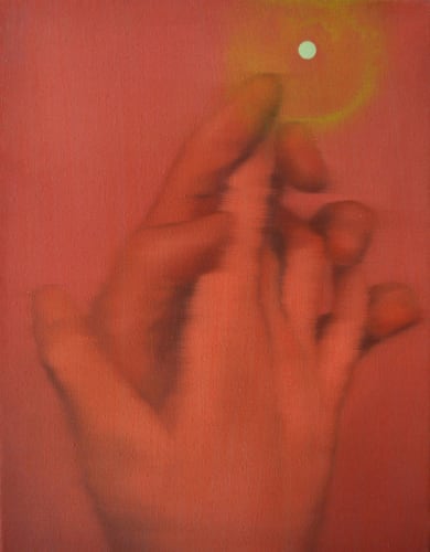 essence, 2023, Oil, pigment and spray on canvas, 25 x 32 cm