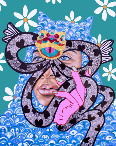 Caroline Liu, Chinese New Year, 2021, oil, acrylic, and glitter on canvas, 54 x 42 in.
