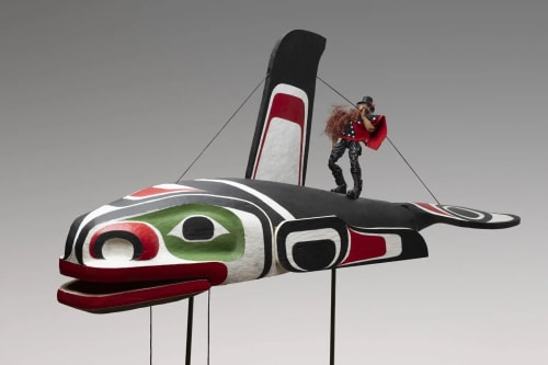 Beau Dick, Big Whale (from Undersea Kingdom), 2017, red cedar, acrylic, copper, cloth, plastic action figure, Collection of the Vancouver Art Gallery, Purchased with funds from the Vancouver Art Gallery Acquisition Fund and the Jean MacMillan Southam Major Art Purchase Fund, Photo: Vancouver Art Gallery