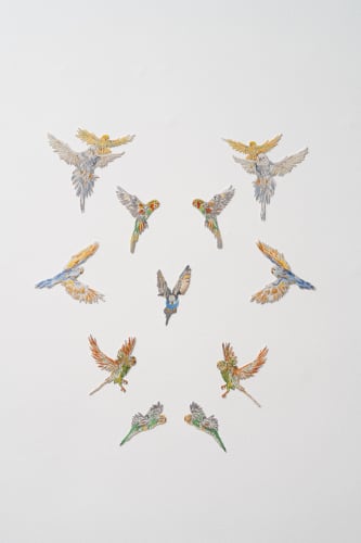 (detail) Caetano de Almeida, Periquitos australianos, 2022, Edition of 3, Embroidery on hemp, 85 x 65 cm. Photo: Edouard Fraipont