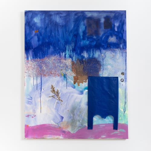 Hannah Beerman, showponies and underbellies, 2023. Acrylic, glitter, reusable bag, dried stem, and mixed-media on canvas. 60 x 48 in/152.4 x 121.9 cm