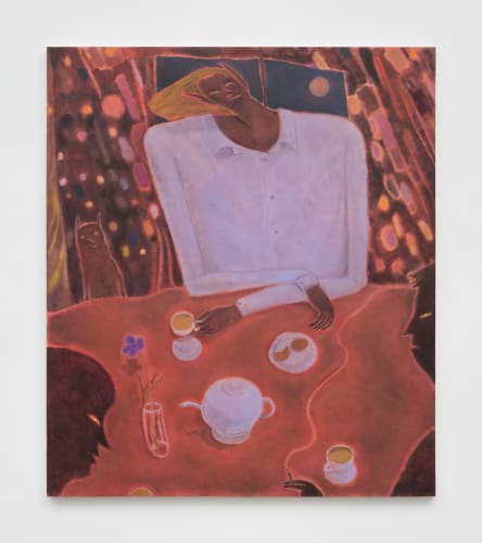 Chase Biado, Tea Time, 2024. Oil on linen. 60 x 52 in (152.4 x 132.1 cm)