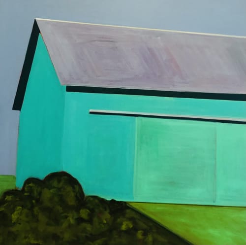 Melissa Chandon ,"Barn with Turquoise and Green," 2020. Acrylic on canvas,48h x 48w in.