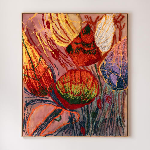 Image of artwork by Australian artist Gene A'Hern titled Untitled, 2023, Yarn, ink on monks cloth, Oiled oak frame, 195 x 170 cm, 76 3/4 x 67 in. Exhibited as part of Gene A'Hern's solo exhibition titled A Curtain Through the Trees shown at Brigade Galler