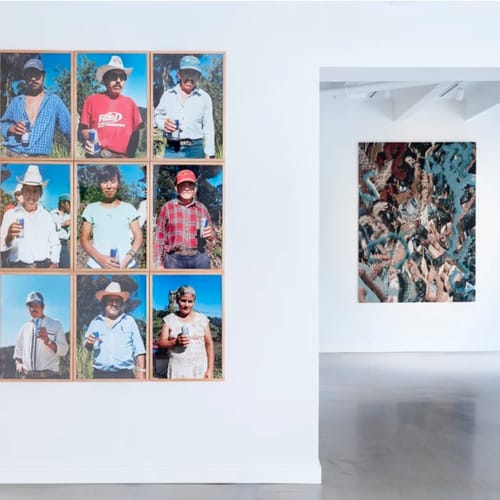 Installation shot from the group exhibition The Shape of a Story with artists Artemio, Tomaso Binga, Ry David Bradley, Petra Cortright, Zane Lewis, Nhozagri, Garrett Pruter, Kristian Touborg, Andrea Villalón, Lizet Hee Olesen and Anne Strandfelt shown at