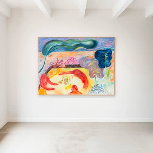 Installation shot from French artist Coline Marotta's solo exhibition titled Keeping in Touch shown at Brigade Gallery in Copenhagen, Denmark. Focus on the work The Private Life of Paintings, 2022-2023. Artwork details: Acrylic on canvas, Oiled oak frame,