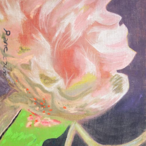 Detail shot of the artwork Fridge magnet memory, 2023 by artist duo Amanda Lydért and Frederik Nystrup-Larsen. Artwork details: Acrylic and oil on jute, 140 x 110 cm.