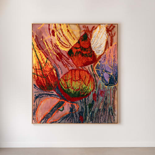 Installation shot from Australian artist Gene A'Hern's solo exhibition titled A Curtain Through the Trees shown at Brigade Gallery in Copenhagen, Denmark. Focus on the artwork Untitled, 2023. Artwork details: Yarn, ink on monks cloth, Oiled oak frame, 195