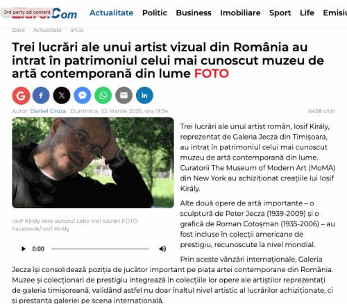 Trei lucrări ale unui artist vizual din România au intrat în patrimoniul celui mai cunoscut muzeu de artă contemporană din...