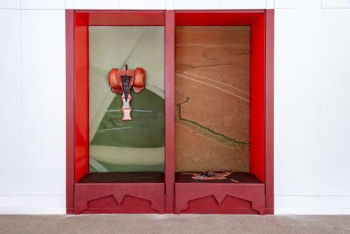 Chamoun’s Changing-room, rendered in qareen, 2024, Sculptures in installation comprised of digital print on mesh, polyester mesh, wadding, faux leather, commercial paint, 217 x 217 cm