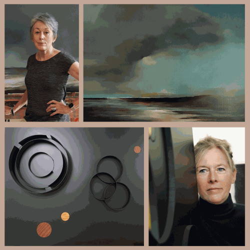 Collage with a woman, abstract landscape painting, and geometric shapes.