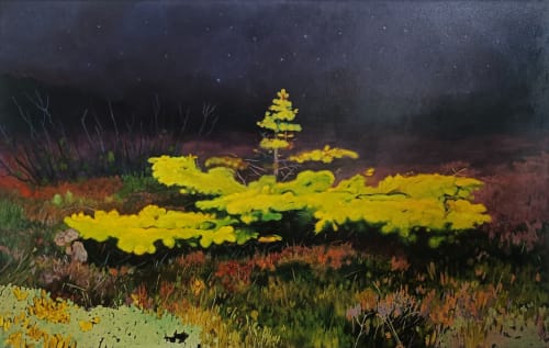 I Will Pull You Out of the Darkness, landscape painting with vibrant yellow foliage against a dark night sky, featuring detailed brushwork and rich textures.