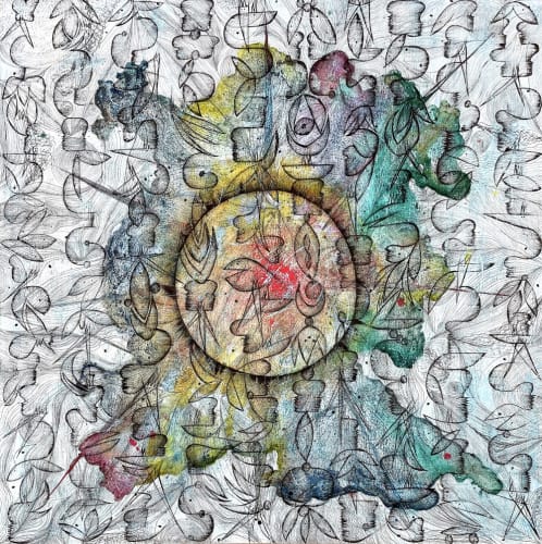 Annina Roescheisen, Vibrational Strings (222020), 2020, mixed media and ink on aluminum canvas.