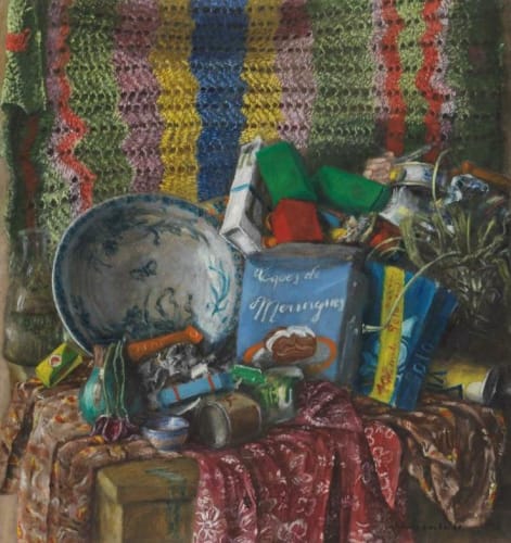 Image de la peinture "Nature morte avec cuvette et draperie au crochet" de Jürg Kreienbühl