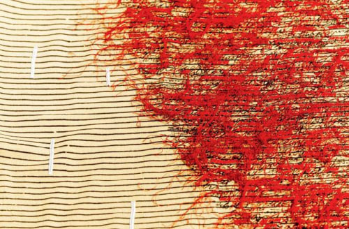 Burst, Detail, Direct block printing with mineral dye on handwoven kala cotton, with hand stitch, 95.5 x 44.5 inches, 2019. pics/Maggie Baxter and Project 88, Mumbai