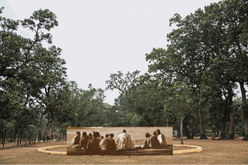 The Otolith Group, Santiniketan Studies (A Century Before Us II): Tapovan Study Circle, 2018. Digital collage on Somerset Museum Rag paper, 13 1/2 x 20 inches. Courtesy the artists.