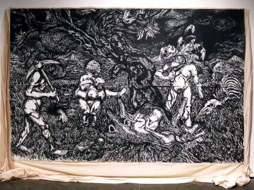 Anupam Roy, from resistance land; Black pigment and distemper on paper (350gsm, acid free, hot-press) pasted on cotton cloth; 10ft x 16ft (approximate, paper size); 2018. Image courtesy – Prakash Rao