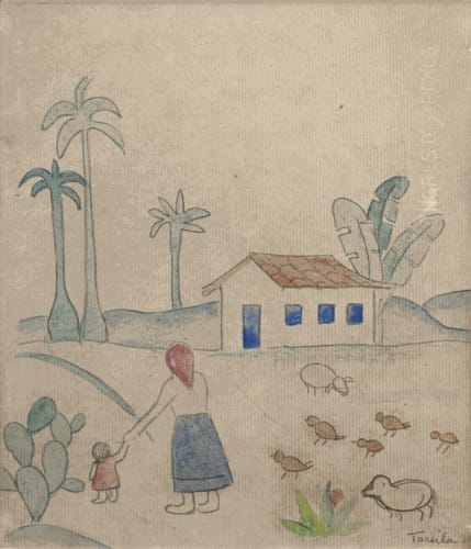 Scene of farmworkers' house (verso: Coffee plant with worker wedding), 1931, pencil and gouache on paper, 8 1/4 x 7 1/8 in