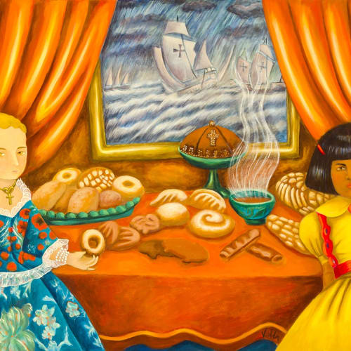 Patssi Valdez, Pan Mexicano (A Merging of Two Cultures) (detail), 2017, Acrylic on canvas, 36 x 48 inches, Collection of Cástulo de la Rocha and Zoila D. Escobar