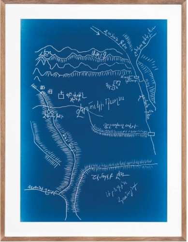 Vartan Avakian, Treasure Maps for Haunting Landscapes X, 2025, cyanotype on cotton paper, 73 × 56″. From the series “Treasure Maps for Haunting Landscapes,” 2025.