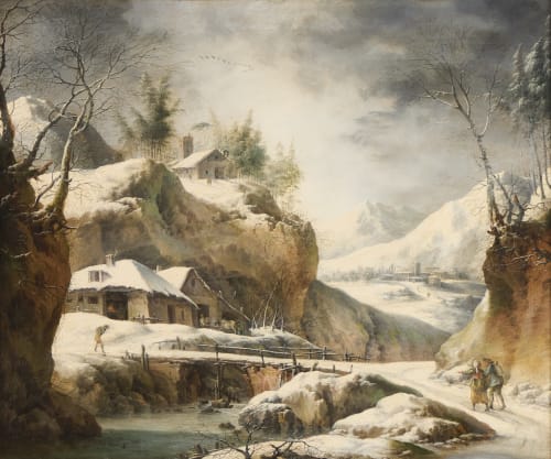 Francesco Foschi | Winter landscape with travellers, (Ancona, 1710 – Rome, 1780) Oil on canvas 62 x 74 cm | Maison D'Art Gallery
