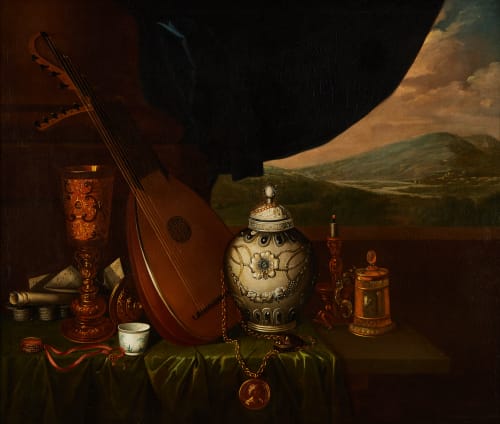 Pieter Gerritsz Van Roestraten | Still Life with Lute, Ginger Jar, Medal and other Precious Objects Oil on canvas 64 x 80 cm | Maison D'Art Gallery