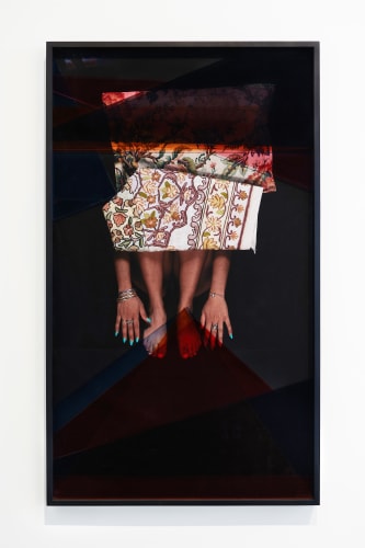 Baseera Khan. I Arrive in Place with a High Level of Psychic Distress (Orange), 2021. Archival inkjet print, laser-cut acrylic, maple wood spacers. 62 × 37 inches. Image courtesy of the artist and Simone Subal Gallery, New York. Photo: Stephen Takacs Photography.
