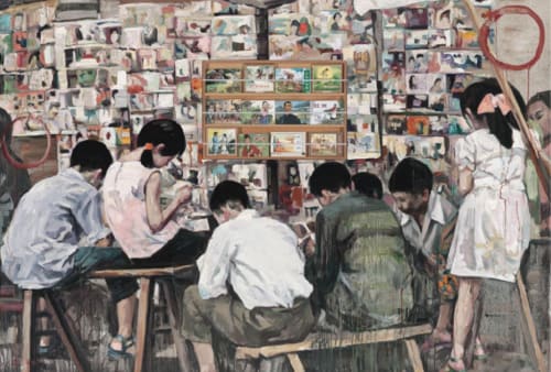 Hung Liu, Street Library, 2013. Oil on canvas, wood shelf, and Chinese picture story books. 60 x 80 in. Courtesy of private collection.
