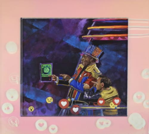 Toni-Lee Sangastiano, Ringmaster Iverson, 2021. Oil on aluminum panel, radiant light film, light-guiding acrylic, and LEDs. Laser cutter fabrication by Don Undeen at Maker Hub, Georgetown University. 19 x 19 3/8 x 1.5 in.