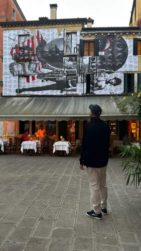 Endless blitz, paper collage outside 'Al Colombo'