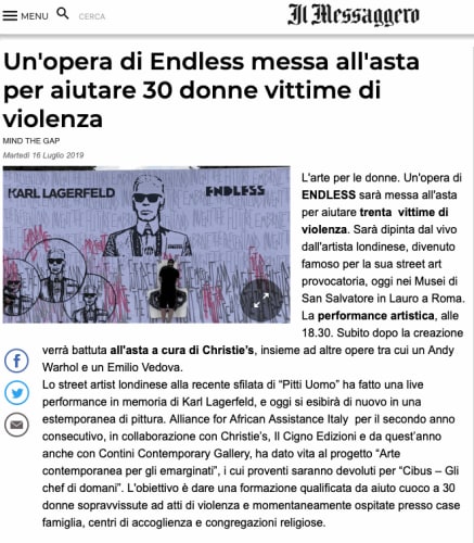 Il Messaggero: Un'opera di Endless messa all'asta per aiutare 30 donne vittime di violenza