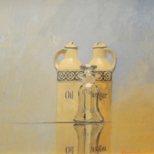 Still life: (oil, vinegar, glass jar) c. 1990, oil on board: 15 x 15 inches