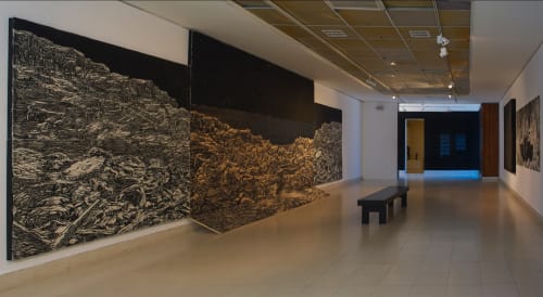 If the Tread is an Echo (2009), woodcut, ink drawing and stone tusche rubbing on carved pine wood panels and handmade Kozo and Abaca papers, 136 x 287 x 36 inches