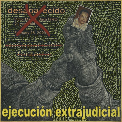 Alice Leora Briggs Ejecución extrajudicial (A homicide committed by representative(s) of the State on behalf of the State), 2020 sgraffito and acrylic on panel framed size: 13" x 13" image size: 12" x 12" signed, titled, dated verso ink