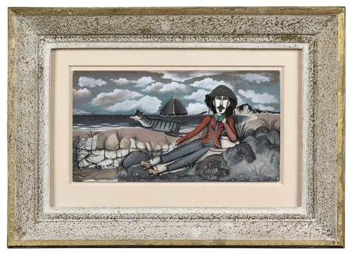 Man on the beach with cat, 1972; signed 'Patrick;' acrylic on board; 7 x 13 inches