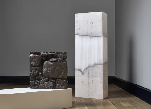 Shaun Fraser, Seeking Shelter, 2024-25, bronze, 50 x 50 x 7 cm; Harry Morgan, Untitled, 2024, concrete and glass, 150 x 50 x 27 cm