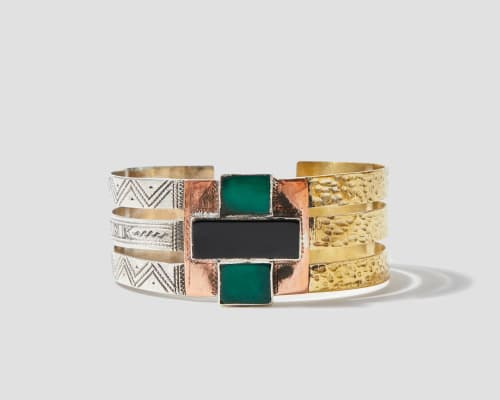 Sterling silver, copper, brass, green agate, black agate bracelet