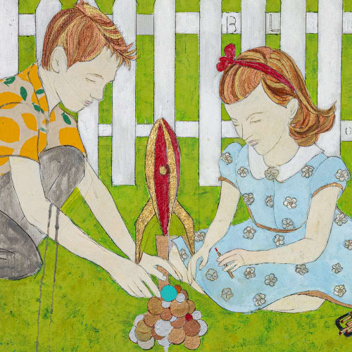 Figurative painting of boy and girl playing