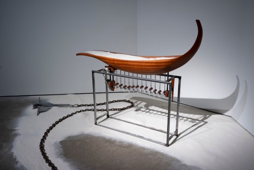 Sama Alshaibi and Michael Fadel, Swell, 2014, Anchor, gypsum sand, wood, mechanical elements, 57 x 14 x 45 in