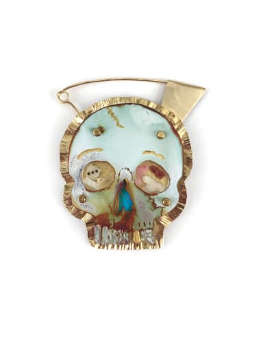 Ken Bova, Santa Fe Smitten Skull #2, 2019, 14k gold, 24k gold leaf, vitreous enamel on copper, bone, toy die, white, pink, and red coral, butterfly wing, acrylic