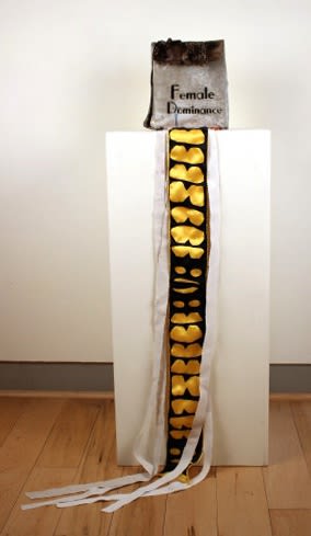 Tania Willard (Secwepemc), “Waspology,” waxed and laser-cut cardboard with found European wasp nests, gold leaf, laser-cut satin ribbon, and tipi canvas