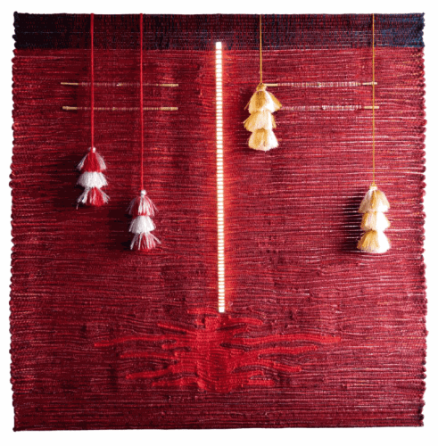Niña del Volcàn, 2022 weaving with Alpaca yarns, French and Bolivian wool, acrylic, cotton, bamboos, tullmas (traditional Bolivian tassels), led neon and stainless steel bars 127 x 126 cm