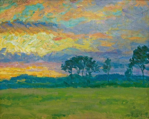 Ernst Eitner, Sonnenuntergang, um 1910, Öl auf Karton, 34 x 42 cm
