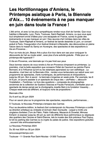 Les Hortillonnages d'Amiens, le Printemps asiatique à Paris, la Biennale d'Aix...10 évènements à ne pas manquer en juin dans toute...