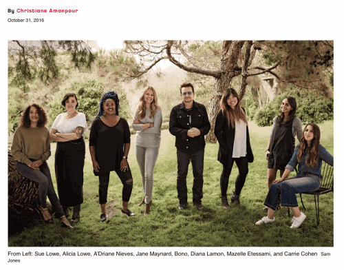 From Left: Sue Lowe, Alicia Lowe, A’Driane Nieves, Jane Maynard, Bono, Diana Lamon, Mazelle Etessami, and Carrie Cohen. Sam Jones