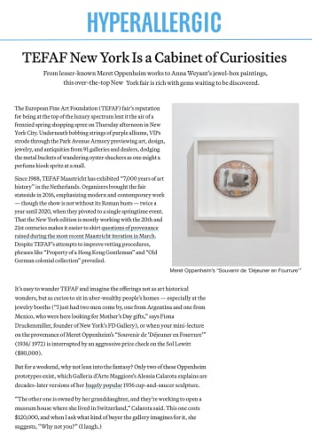 TEFAF New York Is a Cabinet of Curiosities, From lesser-known Meret Oppenheim works to Anna Weyant’s jewel-box paintings, this over-the-top...
