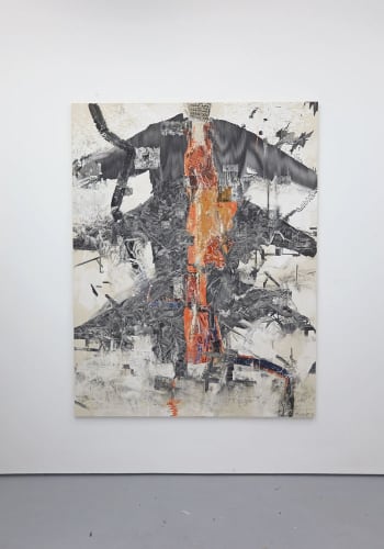 Marcin Dudek, "Passage", 2020, acrylic paint, image transfer, steel dust, medical tape, uv varnish on wood and aluminium, 200x155cm.